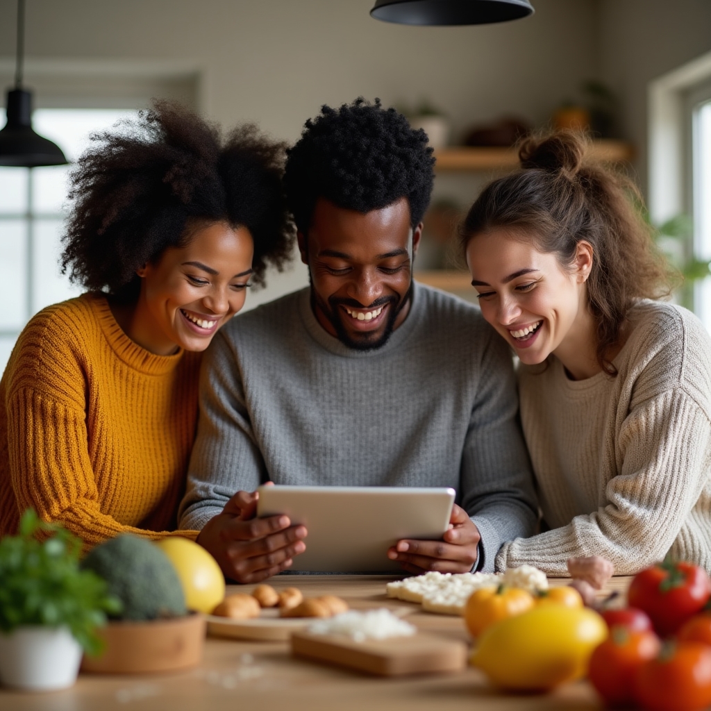 Skupina mladých dospelých zdieľajúca recepty a fotky jedál online