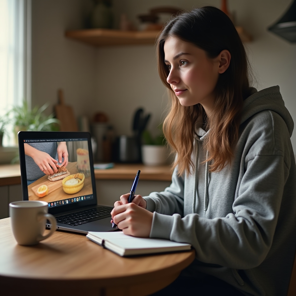 Mladý dospelý sleduje online lekciu varenia na laptope v kuchyni