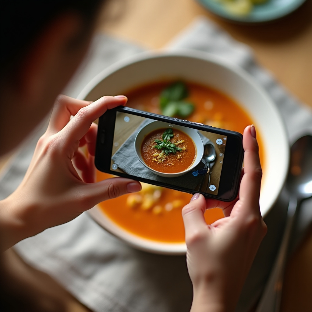Mladá žena fotografuje hotové jedlo a zdieľa ho v komunite